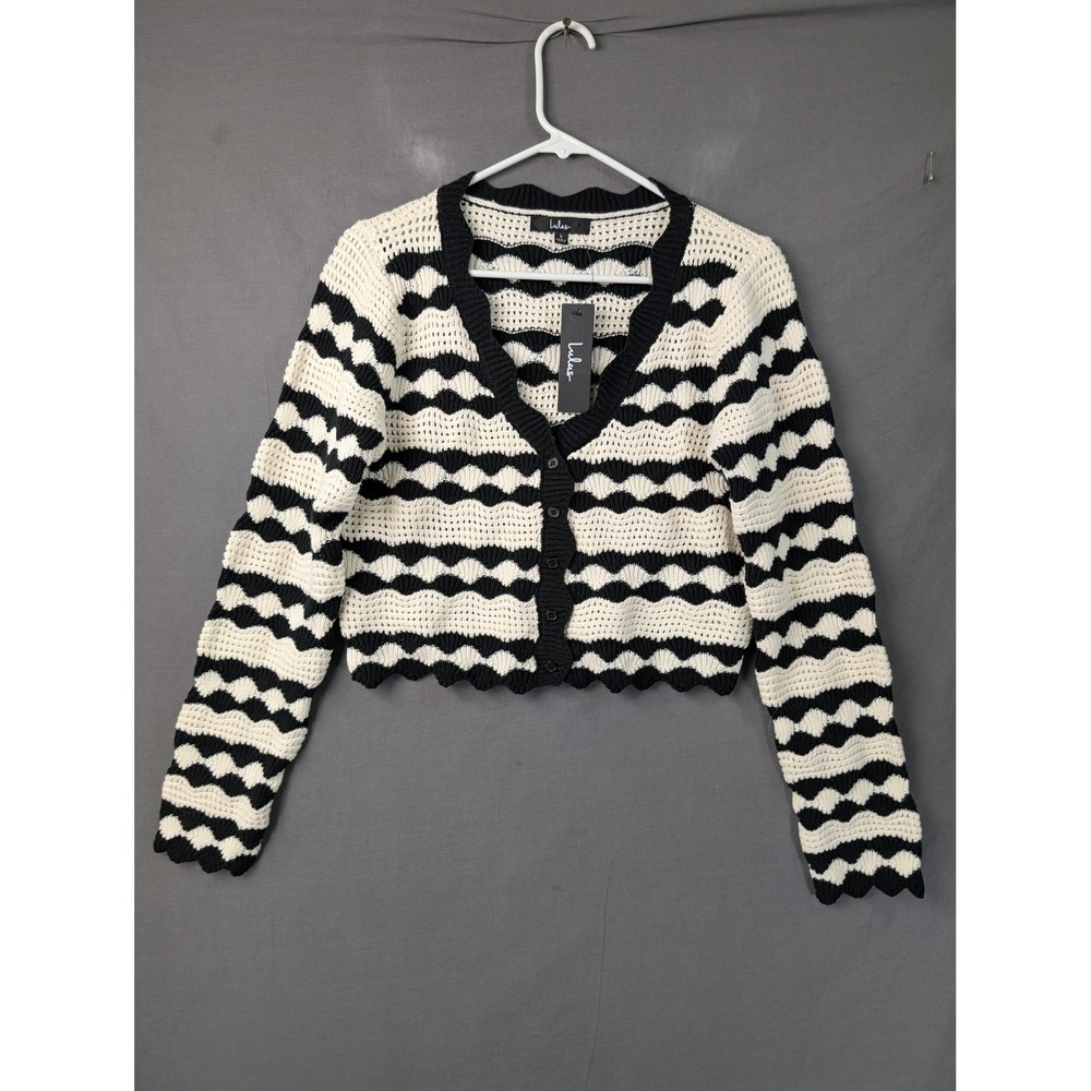 Lulus Stripe the Scene Black and White Scalloped Cropped Cardigan Sweater